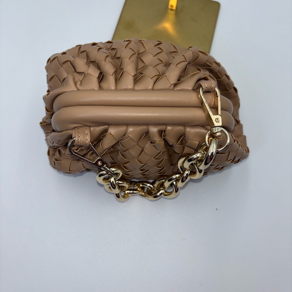 Chic Tan dumpling ruched Woven Clutch with Gold Chain - Picture 5 of 7